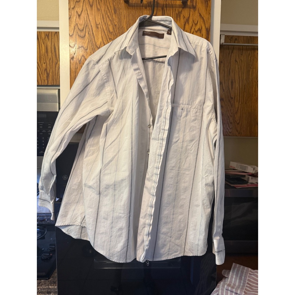Perry Ellis Mens XL White Striped Long Sleeve Button Down Cotton Shirt - Picture 1 of 5